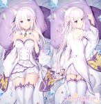  1girl bangs bare_shoulders blush braid breasts cleavage commentary dakimakura detached_sleeves dress emilia_(re:zero) eyebrows_visible_through_hair flower hair_flower hair_ornament hair_ribbon long_hair looking_at_viewer lying medium_breasts on_back on_stomach pillow pointy_ears purple_eyes purple_pillow re:zero_kara_hajimeru_isekai_seikatsu ribbon rimuu silver_hair smile thighhighs white_legwear 