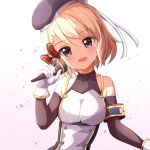  1girl :d ame. armband azur_lane bangs bare_shoulders beret black_headwear black_sleeves blonde_hair bow breasts collarbone commentary_request covered_collarbone detached_sleeves dress eyebrows_visible_through_hair gloves gradient gradient_background hair_between_eyes hair_bow hand_up hat head_tilt highres holding holding_microphone iron_cross long_sleeves medium_breasts microphone open_mouth pink_background purple_eyes red_bow sleeveless sleeveless_dress smile solo white_background white_dress white_gloves z23_(azur_lane) 