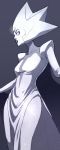 1girl absurdres black_lips black_lipstick cape_lift dress eyebrows eyelashes gem giant giantess goddess highres legs lipstick looking_down makeup pale_color pale_face pale_skin personification short_hair simple_background solo spiked_hair standing steven_universe white_diamond_(steven_universe) white_dress white_hair 