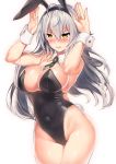  1girl animal_ears black_leotard breasts bunny_ears bunny_pose bunny_tail bunnysuit covered_navel detached_collar embarrassed fate/apocrypha fate/grand_order fate_(series) highres jeanne_d&#039;arc_(alter)_(fate) jeanne_d&#039;arc_(fate)_(all) kawai large_breasts leotard long_hair necktie silver_hair simple_background solo strapless strapless_leotard tail white_background wrist_cuffs yellow_eyes 