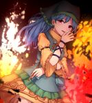  1girl :d absurdres apron between_fingers black_headwear blue_apron blue_hair commentary_request cowboy_shot dress eyebrows_visible_through_hair fire frilled_apron frills haniyasushin_keiki head_scarf highres holding jewelry long_hair long_sleeves looking_at_viewer magatama_necklace mozuno_(mozya_7) necklace open_mouth purple_eyes smile solo tools touhou wide_sleeves wristband yellow_dress 