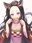  1girl absurdres animal_ears black_hair brown_hair cat_ears cat_girl cat_tail checkered chyoling commentary food food_in_mouth forehead gradient_hair hair_ribbon hands_up highres japanese_clothes kamado_nezuko kemonomimi_mode kimetsu_no_yaiba kimono long_hair looking_at_viewer mouth_hold multicolored_hair obi open_clothes paw_pose pink_eyes pink_kimono pink_ribbon ribbon sash solo symbol_commentary tail tail_raised taiyaki upper_body very_long_hair wagashi 