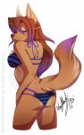  2015 anthro b._wolf bikini blue_eyes brown_hair butt_pose canid canine canis chest_tuft clothed clothing dipstick_tail eyelashes female fur hair hi_res highlights_(coloring) long_hair looking_at_viewer looking_back mammal multicolored_tail pose purple_highlights signature simple_background slim solo swimwear tan_body tan_fur text tuft url vexstacy white_background wolf 