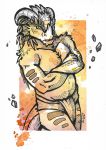  2018 annoyed anthro bare_chest clothed clothing crossed_arms dragonborn ear_fins fin hi_res horn jincrath_talmaar loincloth looking_at_viewer male painting_(artwork) pen_(artwork) simple_background solo spiderdragon topless traditional_media_(artwork) watercolor_(artwork) 