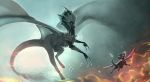  2018 claws detailed_background digital_media_(artwork) dragon duo feral fire flying hi_res horn jaiette membrane_(anatomy) membranous_wings scales scalie spines western_dragon wings 