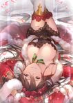  1girl bangs black_dress blush breasts brown_hair cleavage coat dress flower fur-trimmed_coat fur_trim gloves granblue_fantasy hair_between_eyes hair_flower hair_ornament highres kakage large_breasts legs_up long_hair long_sleeves looking_at_viewer petals red_coat red_gloves ribbon rose rosetta_(granblue_fantasy) short_dress smile solo striped striped_ribbon thighhighs thighs upside-down white_legwear 