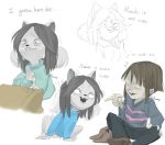  ambiguous_gender bodily_fluids bottomless brown_hair canid canine clothed clothing duo eyes_closed featureless_crotch felid feline female grey_hair hair half-closed_eyes human mammal meammy nervous open_mouth open_smile semi-anthro shaking shirt smile straight_hair striped_shirt sweat tem temmie_(undertale) topwear undertale video_games 
