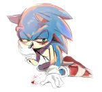  anthro blood blue_body blue_fur bodily_fluids clothing eulipotyphlan fannfare footwear fur gloves green_eyes half-closed_eyes handwear hedgehog hi_res kneeling looking_aside male mammal nosebleed shoes simple_background solo sonic_the_hedgehog sonic_the_hedgehog_(series) white_background 