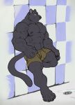  2016 4_toes 5_fingers anthro big_muscles black_body black_fur black_nipples black_nose blue_eyes bottomwear bulge clothed clothing felid fingers fur gage_the_panther hi_res huge_muscles male mammal muscular muscular_male nightterror nipples pantherine shorts solo standing toes topless veiny_muscles 