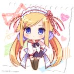  1girl :o bangs black_footwear blonde_hair blue_eyes blush brown_legwear chibi commentary eyebrows_visible_through_hair frilled_hairband frills full_body hair_ribbon hairband heart long_hair long_sleeves looking_at_viewer low_twintails lump_of_sugar nursery_rhyme parted_lips pleated_skirt purple_ribbon purple_skirt red_hairband red_ribbon red_sailor_collar ribbon ryuuka_sane sailor_collar school_uniform serafuku shirt skirt solo swept_bangs thighhighs tita_flawless_brandt twintails twitter_username very_long_hair white_shirt 