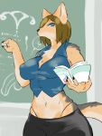  5_fingers 7fukuinu anthro big_breasts book breasts brown_body brown_fur brown_hair clothed clothing female fingers fur hair hi_res japanese_text kemono mammal navel nipple_outline snout standing text 