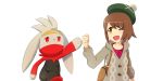  1girl a-kiraa_(whisper) backpack bag brown_eyes brown_hair fist_bump gen_8_pokemon grey_cardigan highres one_eye_closed pokemon pokemon_(game) pokemon_swsh raboot smile tam_o&#039;_shanter white_background yuuri_(pokemon) 