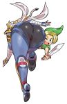  1boy 1girl ass bandages bent_over blonde_hair blue_eyes bodysuit braid commentary_request doboshiru fingerless_gloves from_behind gloves highres link one_eye_closed sheik short_hair simple_background sword the_legend_of_zelda thick_thighs thighs weapon white_background 