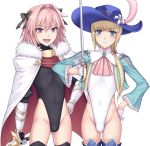  1boy 1other androgynous astolfo_(fate) bangs black_bow blonde_hair blue_eyes blush bow bulge chevalier_d&#039;eon_(fate/grand_order) commentary_request covered_navel eyebrows_visible_through_hair fang fate/grand_order fate_(series) hai_(h81908190) hair_bow hair_intakes hair_ribbon hat highres holding holding_sword holding_weapon long_hair looking_at_viewer multicolored_hair open_mouth otoko_no_ko pink_hair purple_eyes rapier ribbon simple_background smile streaked_hair sword thighhighs weapon white_background 