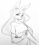  2018 5_fingers anthro clothed clothing female fingers glacierclear hair hi_res lagomorph leporid long_hair looking_at_viewer mammal monochrome rabbit sketch smile solo standing 