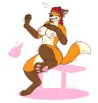  2018 animate_inanimate anthro biped bodily_fluids breasts canid canine female fox green_eyes hi_res inanimate_transformation kenjin living_plushie mammal nipples nude open_mouth plushie sitting solo sweat sweatdrop transformation 