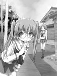  2girls bangs blouse building closed_mouth commentary eyebrows_visible_through_hair girls_und_panzer glasses gofu greyscale kneehighs leaning_forward loafers long_hair long_sleeves looking_at_viewer maruyama_saki miniskirt monochrome multiple_girls neckerchief ooarai_school_uniform oono_aya outdoors pleated_skirt pointing pointing_up ribbon road round_eyewear school_uniform serafuku shoes skirt sky smile standing street tree twintails 