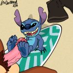  1:1 2018 4_fingers 4_toes alien ambiguous_gender balls black_eyes blue_body blue_claws blue_fur blue_nose blue_pawpads bottomwear brown_body brown_fur claws clothing digital_drawing_(artwork) digital_media_(artwork) disney doritohead experiment_(lilo_and_stitch) feet fingers foot_fetish footjob fur head_tuft hi_res humanoid_penis lilo_and_stitch looking_at_viewer male male/ambiguous mammal notched_ear open_mouth open_smile parker_webb pawpads penis reclining sand sex shorts smile stitch_(lilo_and_stitch) surfboard toe_claws toes tuft vein veiny_penis 