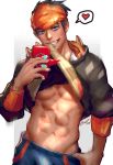  1boy abs bandana black_hair black_jacket blue_eyes blue_shorts cellphone cowboy_shot earrings gradient gradient_background greenteaa grey_background grin gym_leader heart holding holding_cellphone holding_phone jacket jacket_lift jewelry kibana_(pokemon) lifted_by_self long_sleeves looking_at_viewer male_focus mouth_hold navel phone pokemon pokemon_(game) pokemon_swsh rotom_phone self_shot shorts signature smartphone smile solo speech_bubble spoken_heart stomach stud_earrings teeth 