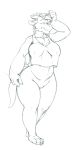  2017 anthro big_breasts biped bottomless breasts clothed clothing female hi_res horn kenjin monochrome nipple_outline non-mammal_breasts pussy scalie simple_background sketch slightly_chubby solo standing 