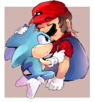  anthro black_eyes blue_body blue_fur border brown_background clothing crossover duo eulipotyphlan eyes_closed fannfare fur gloves hand_on_head handwear hat headgear headwear hedgehog human kneeling legwear looking_at_another male male/male mammal mario mario_bros nintendo simple_background sitting smile socks sonic_the_hedgehog sonic_the_hedgehog_(series) video_games white_border 