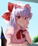  1girl bangs bat_wings blue_hair blue_sky bow bowtie cloud day dress eyebrows_visible_through_hair hair_between_eyes hand_up hat hat_bow head_rest looking_at_viewer mob_cap nazuka_(mikkamisaki) outdoors pink_dress pink_headwear pointy_ears puffy_short_sleeves puffy_sleeves red_bow red_eyes red_neckwear remilia_scarlet short_hair short_sleeves sky solo touhou upper_body wings wrist_cuffs 