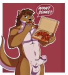  5_fingers anthro auction balls barazoku fingers food humanoid_penis invalid_tag kemono looking_at_viewer lutrine male mammal mustelid nude penis pizza sex simple_background solo text ych_(character) 