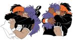  2boys baseball_cap blush cropped_torso dande_(pokemon) dark_skin dark_skinned_male english_commentary gym_leader hairlocs hat headwear_removed heart jacket jersey kibana_(pokemon) kiss long_hair male_focus moosopp multiple_boys orange_headwear pokemon pokemon_(game) pokemon_swsh purple_hair sequential simple_background surprised white_background yaoi 