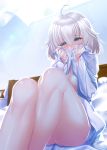  1girl ahoge ass azur_lane bangs blue_eyes blush breasts commentary_request covered_mouth curtains dress_shirt eyebrows_behind_hair hair_flaps highres ken_ill large_breasts light_particles light_rays manjuu_(azur_lane) morning naked_shirt no_headwear oklahoma_(azur_lane) on_bed open_clothes open_shirt photo_(object) pillow shirt silhouette sitting sitting_on_bed sweat thighs unbuttoned_sleeves white_curtains white_hair white_shirt wind window 