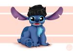  2019 4_toes alien ambiguous_gender back_markings beanie black_eyes blue_body blue_claws blue_fur blue_nose blue_pawpads calumdl chest_tuft claws clothing disney experiment_(lilo_and_stitch) fur hat hat_only headgear headwear hi_res lilo_and_stitch looking_at_viewer markings mostly_nude notched_ear open_mouth open_smile pawpads simple_background sitting small_tail smile solo stitch_(lilo_and_stitch) text toe_claws toes tuft 