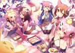  5girls :d :o ahoge animal_ear_fluff animal_ears ariake_(azur_lane) ascot azur_lane bare_shoulders bell bird black_legwear black_skirt blonde_hair bow breasts brown_eyes brown_hair brown_shirt brown_skirt cat_ears cat_girl cat_tail cherry_blossoms chick choker chopsticks closed_eyes collarbone commentary_request dango day detached_sleeves fang feeding flower food fox_tail hair_bow hair_ornament hairclip halterneck haori hatsuharu_(azur_lane) hatsushimo_(azur_lane) holding holding_chopsticks holding_food holding_plate japanese_clothes jingle_bell kotori_photobomb long_hair long_sleeves looking_at_viewer manjuu_(azur_lane) mat medium_breasts medium_hair miniskirt multicolored_hair multiple_girls multiple_tails no_shoes obentou off-shoulder_shirt off_shoulder official_art one_eye_closed open_mouth outdoors petals picnic picnic_basket pink_hair plate pleated_skirt purple_eyes red_eyes rope sailor_collar sandwich sanshoku_dango seiza shirako_sei shirt sitting skirt smile streaked_hair sunlight tail thighhighs two_side_up w wagashi wakaba_(azur_lane) white_flower white_legwear white_shirt wide_sleeves yuugure_(azur_lane) zettai_ryouiki 