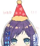  1girl aiba_uiha blue_bow blue_eyes blush bow braid commentary_request fur-trimmed_hat fur_trim hair_bow happy_birthday hat highres looking_at_viewer nijisanji party_hat print_hat purple_hair red_headwear simple_background sofra solo star star_print virtual_youtuber white_background 
