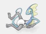  2019 ambiguous_gender anthro black_body black_skin blue_body blue_skin diaper inteleon ire-k looking_back lying nintendo on_back pok&eacute;mon pok&eacute;mon_(species) simple_background solo spread_legs spreading video_games 