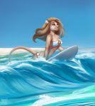  2019 anthro bandeau breasts brown_hair clothed clothing day detailed_background digital_media_(artwork) felid female fur hair lion mammal midriff navel outside pantherine partially_submerged shoreline sky smile solo surfboard tan_body tan_fur vashaa water 
