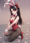  1girl animal_ears bangs bare_shoulders black_hair blush bow bowtie breasts bunny_ears bunny_tail bunnysuit cleavage detached_collar fake_animal_ears fate/grand_order fate_(series) hair_ribbon high_heels highres ishtar_(fate/grand_order) leotard long_hair looking_at_viewer medium_breasts mool_yueguang one_knee open_mouth pantyhose parted_bangs red_eyes red_footwear ribbon solo tail two_side_up wrist_cuffs 