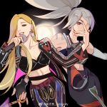  2girls \m/ akali arm_tattoo backlighting blonde_hair breasts collarbone commentary commentary_request detached_sleeves dual_persona earrings english_commentary eyeshadow fingerless_gloves gloves hair_over_one_eye idol jacket jellyjelly jewelry kunai league_of_legends lipstick long_hair makeup medium_breasts microphone mixed-language_commentary multiple_girls one_eye_covered open_clothes open_jacket real_life_insert red_eyes seiyuu shoulder_tattoo silver_hair single_detached_sleeve soyeon suspenders_hanging tattoo true_damage_(league_of_legends) true_damage_akali weapon 