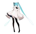  1girl alternate_costume aqua_eyes aqua_hair arms_at_sides asymmetrical_clothes bangs black_footwear black_legwear boots closed_mouth detached_sleeves dress eyes_visible_through_hair frilled_dress frills full_body hair_between_eyes hair_ribbon hair_rings hatsune_miku high_heel_boots high_heels highres layered_dress long_hair long_sleeves looking_at_viewer pigeon-toed ribbon sidelocks simple_background single_detached_sleeve sleeves_past_fingers sleeves_past_wrists smile solo standing thigh_boots thighhighs twintails very_long_hair vocaloid vocaloid_boxart_pose white_background white_dress white_ribbon wide_sleeves yyb zettai_ryouiki 