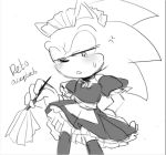  annoyed anthro biped blush bodily_fluids clothed clothing cross-popping_vein crossdressing dress eulipotyphlan fannfare gloves greyscale handwear hedgehog holding_object maid_uniform male mammal monochrome sketch solo sonic_the_hedgehog sonic_the_hedgehog_(series) spanish_text sweat sweatdrop text translated uniform vein 