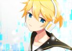  1boy black_collar blonde_hair blue_eyes collar collarbone digital_dissolve expressionless head_tilt headphones kagamine_len looking_at_viewer looking_to_the_side male_focus mizuhoshi_taichi parted_lips portrait sailor_collar school_uniform shirt short_hair short_ponytail vocaloid white_shirt 