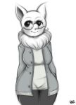  2019 anthro big_breasts big_nose black_and_white blush bottomwear breasts clothed clothing digital_drawing_(artwork) digital_media_(artwork) ear_piercing english_text eyelashes eyewear fan_character female fur glasses hair hi_res humanoid hypno_(pok&eacute;mon) jumper legwear mammal mane monochrome nintendo piercing pok&eacute;mon pok&eacute;mon_(species) qt_lox saltyxodium shirt signature simple_background smile solo solo_focus text thick_thighs topwear video_games white_background wide_hips 