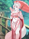  5_fingers absurd_res anthro asian_clothing breasts canid canine canis cherry_blossom clothed clothing day detailed_background east_asian_clothing eyebrows female fingers fur hi_res japanese_clothing kimono mammal outside plant sakuradlyall solo text tree white_body white_fur wolf 