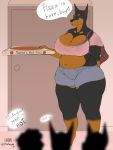  2019 absurd_res anthro belly big_belly big_breasts bra breasts brooke camel_toe canid canine canis clothed clothing curvy_figure digital_media_(artwork) dizzyknight dobermann domestic_dog english_text female hi_res mammal mature_female mother mother_and_child mother_and_son navel panties parent parent_and_child pinscher simple_background son text thick_thighs translucent translucent_clothing underwear voluptuous wide_hips 