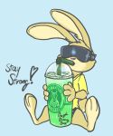  ambiguous_gender anthro clothed clothing drinking english_text fully_clothed fur holding_cup holding_object lagomorph leporid mammal pink_nose rabbit robcivecat shirt sitting solo straw t-shirt tan_body tan_fur text topwear vr_headset vrbit_(comicanon) 