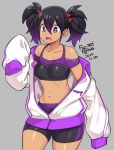  1girl agawa_ryou bike_shorts black_bra black_hair bra breasts commentary dated english_commentary gradient_hair grey_background hair_between_eyes hair_bobbles hair_ornament hood jacket loose_clothes medium_breasts multicolored_hair navel open_clothes open_jacket open_mouth original purple_bra purple_eyes purple_hair short_twintails signature sleeves_past_wrists solo sports_bra standing tan toned track_jacket twintails two-tone_bra underwear 