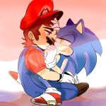  1:1 anthro blue_body blue_eyes blue_fur clothing duo eulipotyphlan eye_contact fannfare footwear fur gloves green_eyes handwear hedgehog human looking_at_another male male/male mammal mario mario_bros nintendo on_lap shoes sitting smile sonic_the_hedgehog sonic_the_hedgehog_(series) video_games 