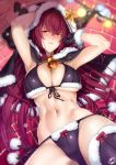  1girl abs antlers arms_up bell bikini blush boots bow breasts capelet christmas_lights cleavage cobblestone fake_antlers fate/grand_order fate_(series) frown fur-trimmed_bikini fur-trimmed_boots fur-trimmed_capelet fur-trimmed_gloves fur_trim gloves large_breasts long_hair lying navel okitakung on_back pom_pom_(clothes) purple_hair red_eyes reindeer_antlers scathach_(fate)_(all) scathach_(fate/grand_order) side-tie_bikini solo star swimsuit thigh_boots thighhighs 