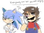  anthro black_eye_(injury) blue_body blue_fur bodily_fluids clothing crossed_arms crossover dialogue duo english_text eulipotyphlan fannfare frown fur gloves green_eyes handwear hedgehog human looking_aside male mammal mario mario_bros nintendo simple_background sonic_the_hedgehog sonic_the_hedgehog_(series) speech_bubble tears text video_games white_background wounded 