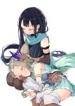  2girls aqua_skirt armlet atelier_(series) atelier_firis black_hair blue_scarf blush breasts brown_hair closed_eyes closed_mouth commentary_request dated detached_sleeves eyebrows_visible_through_hair firis_mistlud hand_on_another&#039;s_head hand_on_another&#039;s_leg highres jewelry lap_pillow liane_mistlud long_hair long_sleeves lying medium_breasts minidraco multiple_girls on_side pleated_skirt scarf seiza siblings signature single_earring sisters sitting skirt smile very_long_hair white_background 