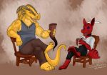  2018 anthro beverage claws clothed clothing collar digital_media_(artwork) dragonborn drinking_horn duo ear_fins fin fully_clothed gold_body holding_beverage holding_object horn jincrath_talmaar kobold male oli_snowpaw purple_sclera red_body simple_background sitting smile tankard yanic yellow_eyes 