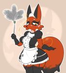  2019 anthro anthrofied blush breasts canid clothed clothing elpatrixf feather_duster female fur legwear maid_uniform mammal nickit nintendo pok&eacute;mon pok&eacute;mon_(species) pok&eacute;morph simple_background solo uniform video_games yellow_eyes 